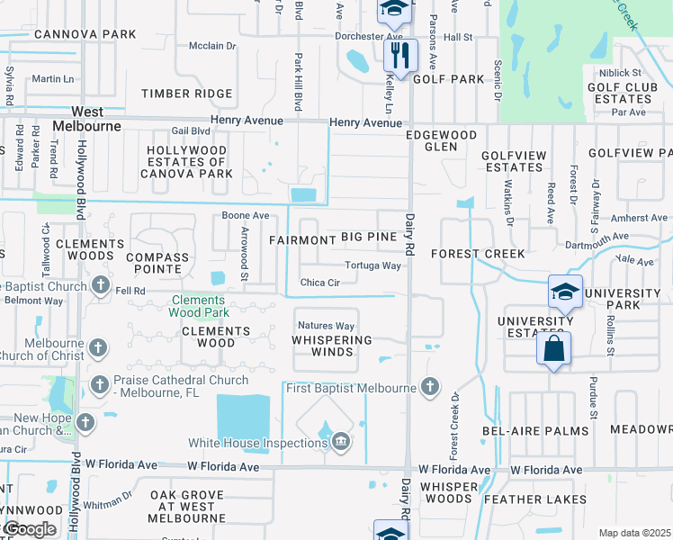 map of restaurants, bars, coffee shops, grocery stores, and more near 3022 Chica Circle in West Melbourne