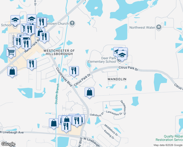 map of restaurants, bars, coffee shops, grocery stores, and more near 11282 Windsor Place Circle in Tampa