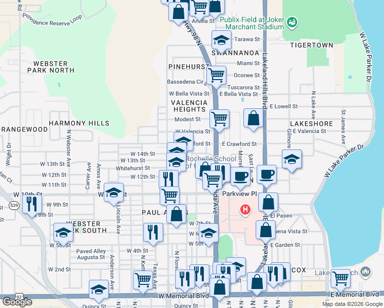 map of restaurants, bars, coffee shops, grocery stores, and more near 298 West 14th Street in Lakeland