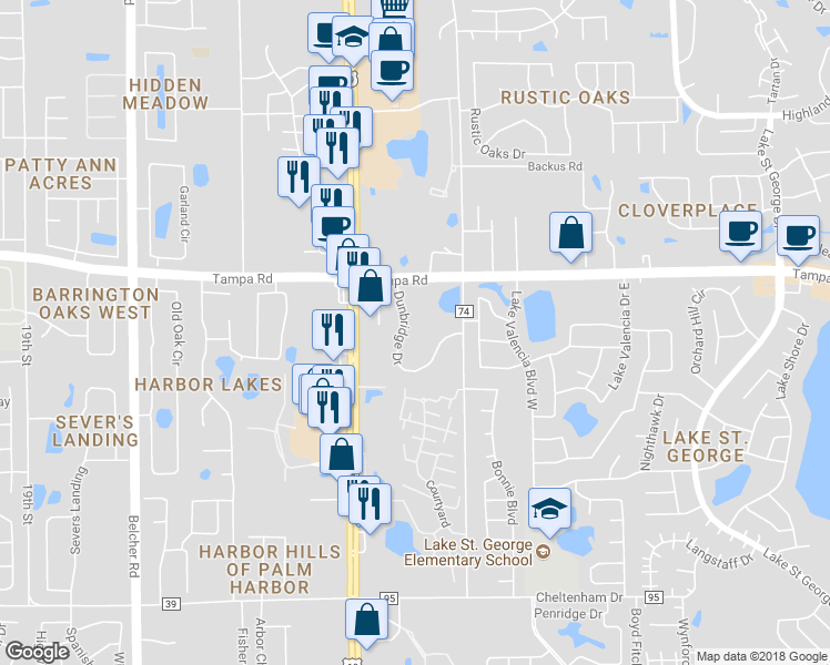 map of restaurants, bars, coffee shops, grocery stores, and more near 128 Dunbridge Drive in Palm Harbor