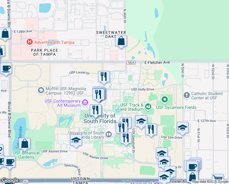map of restaurants, bars, coffee shops, grocery stores, and more near 4210 USF Holly Drive in Tampa