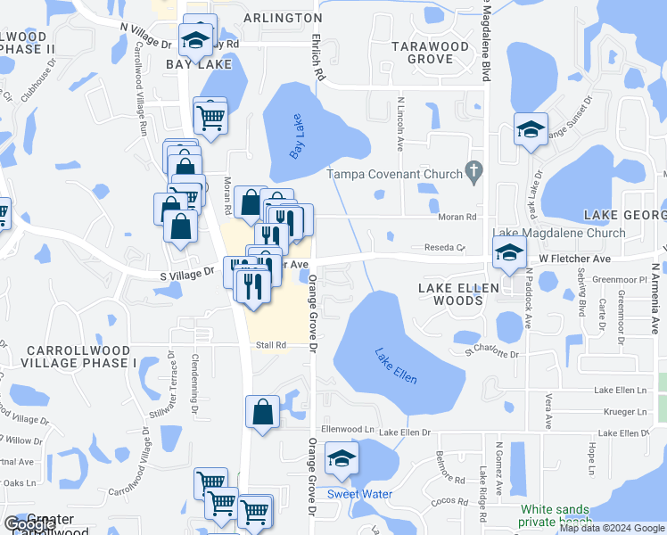 map of restaurants, bars, coffee shops, grocery stores, and more near 3413 Cypress Head Court in Tampa
