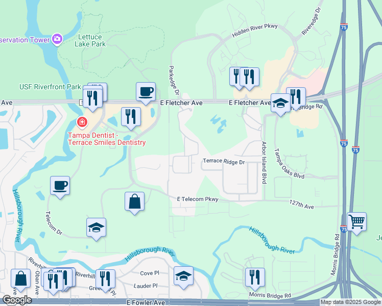 map of restaurants, bars, coffee shops, grocery stores, and more near 13025 Sanctuary Cove Drive in Temple Terrace