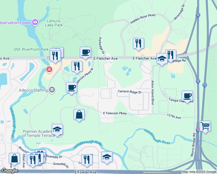 map of restaurants, bars, coffee shops, grocery stores, and more near 12904 Sanctuary Cove Drive in Temple Terrace