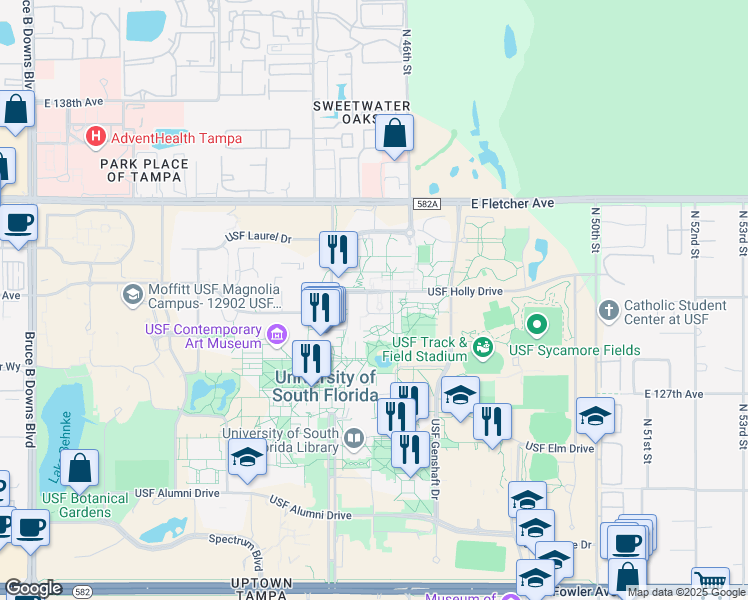map of restaurants, bars, coffee shops, grocery stores, and more near 4210 USF Holly Drive in Tampa