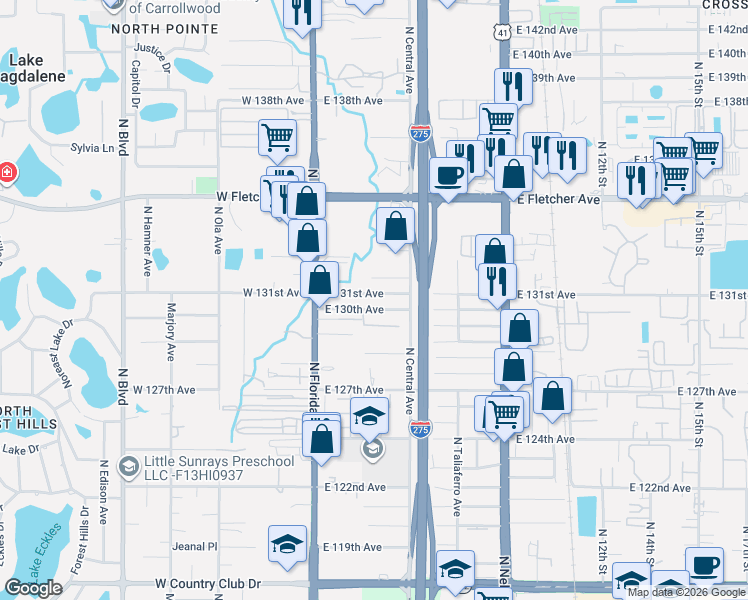 map of restaurants, bars, coffee shops, grocery stores, and more near 308 East 130th Avenue in Tampa