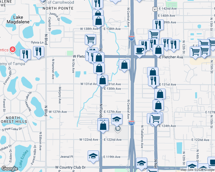 map of restaurants, bars, coffee shops, grocery stores, and more near 113-115 East 130th Avenue in Tampa