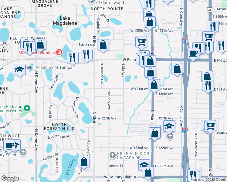 map of restaurants, bars, coffee shops, grocery stores, and more near 801 West 130th Avenue in Tampa
