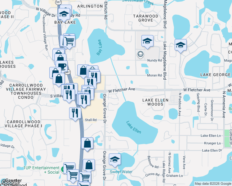 map of restaurants, bars, coffee shops, grocery stores, and more near 13015 Arborview Place in Tampa