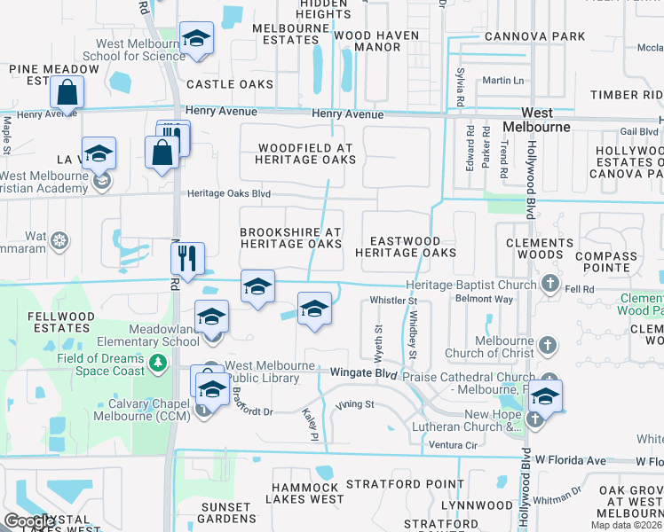 map of restaurants, bars, coffee shops, grocery stores, and more near 2120 Brookshire Circle in West Melbourne