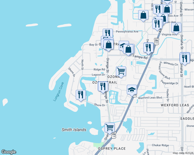 map of restaurants, bars, coffee shops, grocery stores, and more near 232 Pinecrest Drive in Palm Harbor