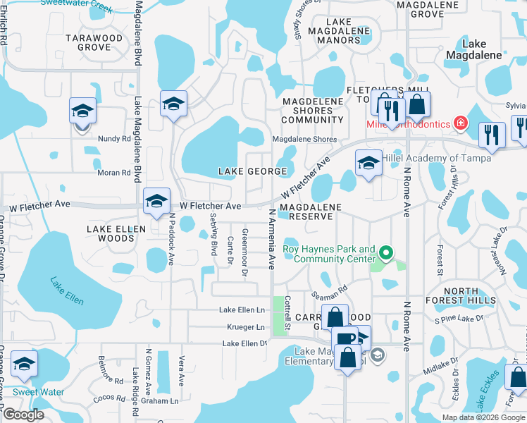 map of restaurants, bars, coffee shops, grocery stores, and more near 2507 Greenmoor Place in Tampa