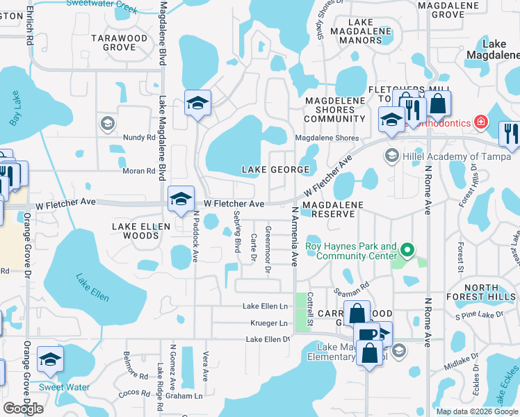 map of restaurants, bars, coffee shops, grocery stores, and more near 2703 Greenmoor Place in Tampa