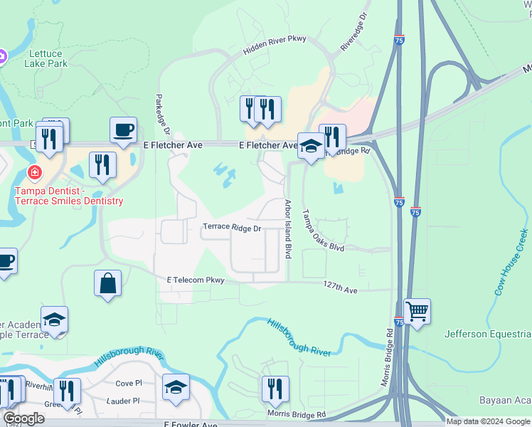 map of restaurants, bars, coffee shops, grocery stores, and more near 8030 Terrace Ridge Drive in Temple Terrace