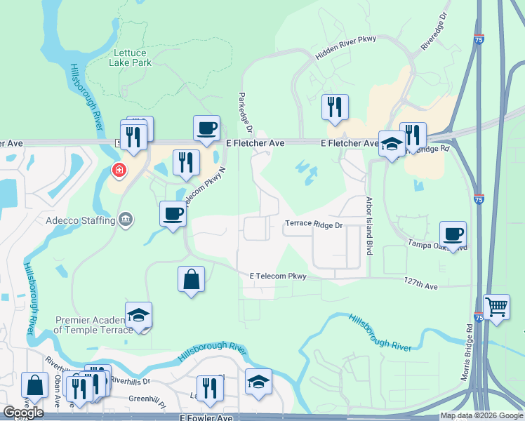 map of restaurants, bars, coffee shops, grocery stores, and more near 12904 Sanctuary Cove Drive in Temple Terrace