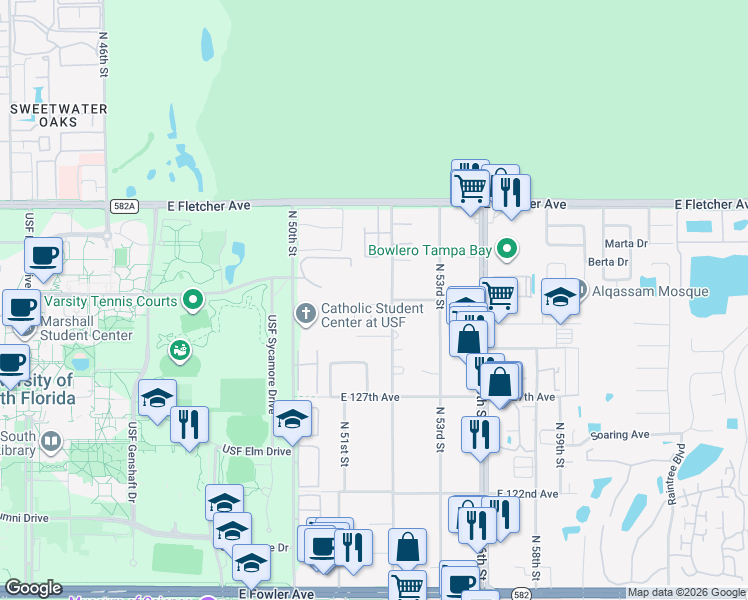 map of restaurants, bars, coffee shops, grocery stores, and more near 13010 North 52nd Street in Tampa