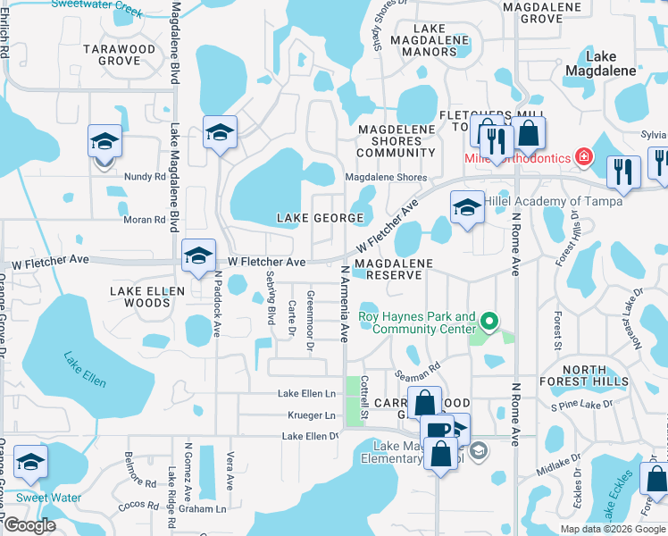 map of restaurants, bars, coffee shops, grocery stores, and more near 2507 Greenmoor Place in Tampa