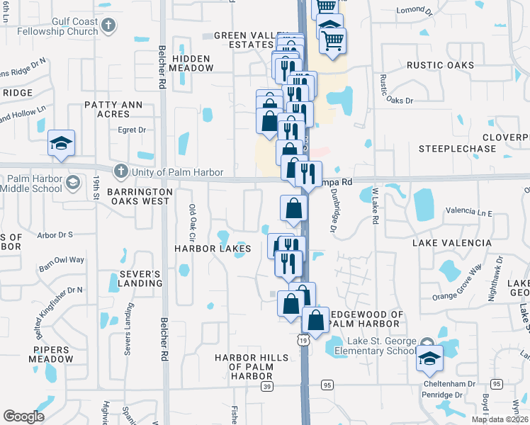 map of restaurants, bars, coffee shops, grocery stores, and more near 362 Mayfair Circle North in Palm Harbor