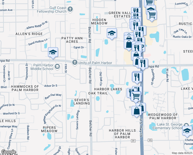 map of restaurants, bars, coffee shops, grocery stores, and more near 511 Old Oak Circle in Palm Harbor