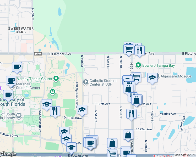 map of restaurants, bars, coffee shops, grocery stores, and more near 5010 Gainsville Drive in Tampa