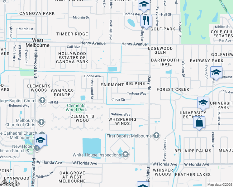 map of restaurants, bars, coffee shops, grocery stores, and more near 3122 Chica Circle in West Melbourne