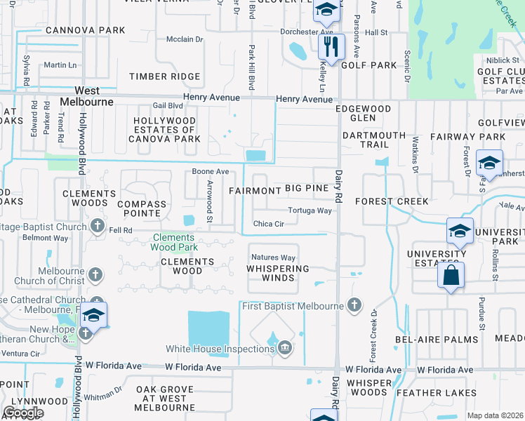 map of restaurants, bars, coffee shops, grocery stores, and more near 3122 Chica Circle in West Melbourne