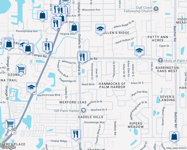 map of restaurants, bars, coffee shops, grocery stores, and more near 303 Jean Street in Palm Harbor