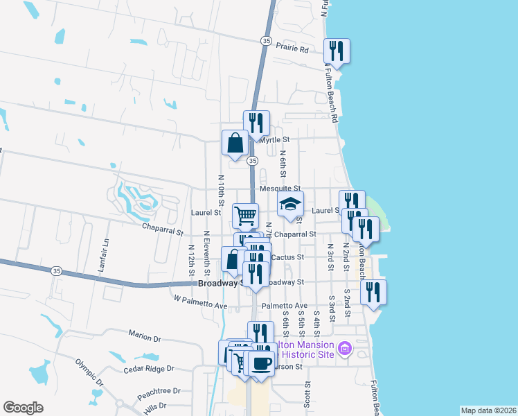 map of restaurants, bars, coffee shops, grocery stores, and more near 3502 Texas 35 in Rockport