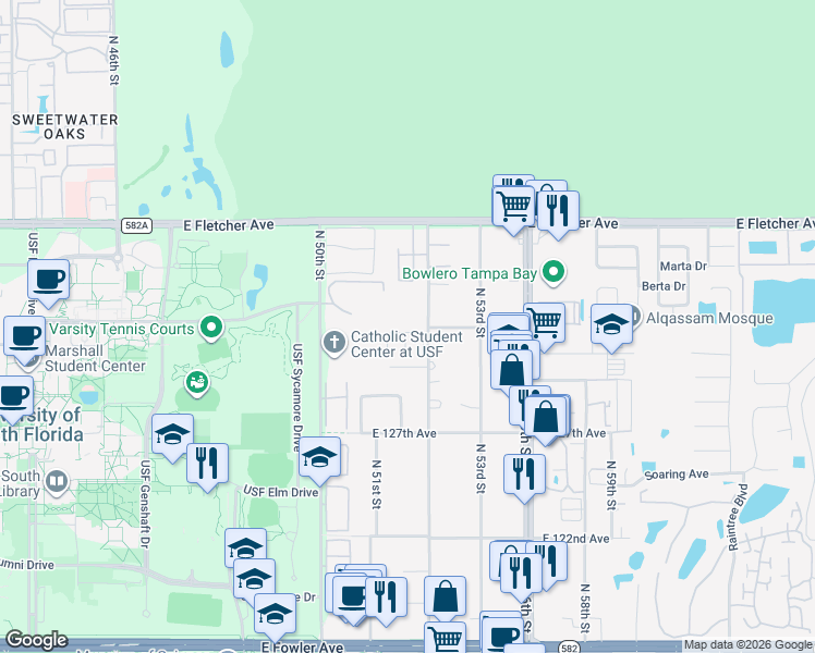 map of restaurants, bars, coffee shops, grocery stores, and more near 13010 North 52nd Street in Tampa