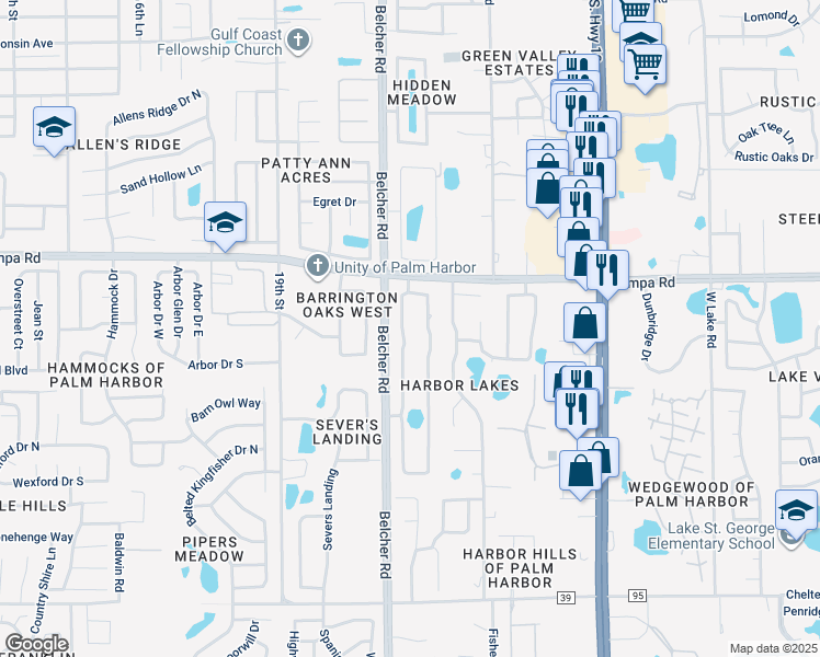 map of restaurants, bars, coffee shops, grocery stores, and more near 511 Old Oak Circle in Palm Harbor