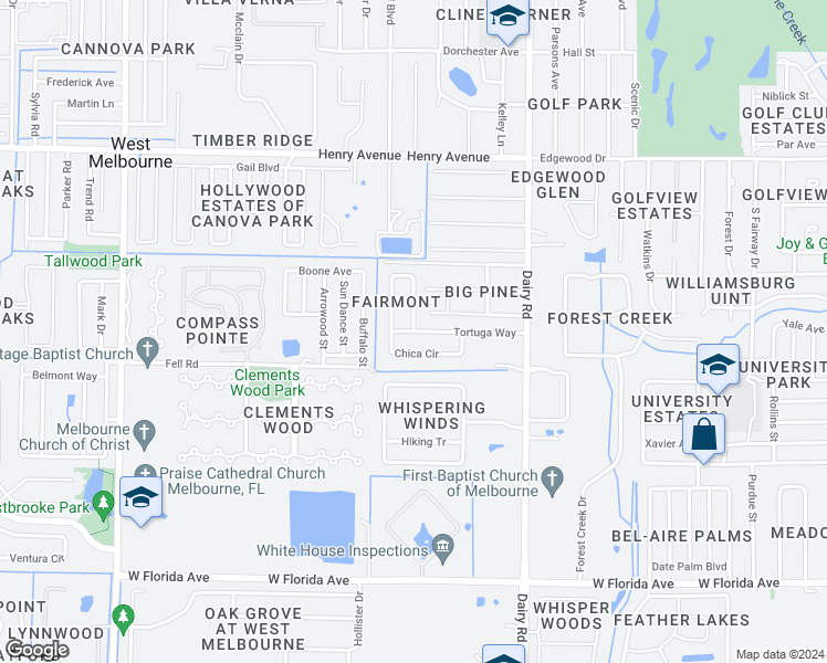 map of restaurants, bars, coffee shops, grocery stores, and more near 3532 Chica Circle in Melbourne