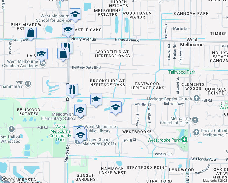 map of restaurants, bars, coffee shops, grocery stores, and more near 2091 Brookshire Circle in Melbourne