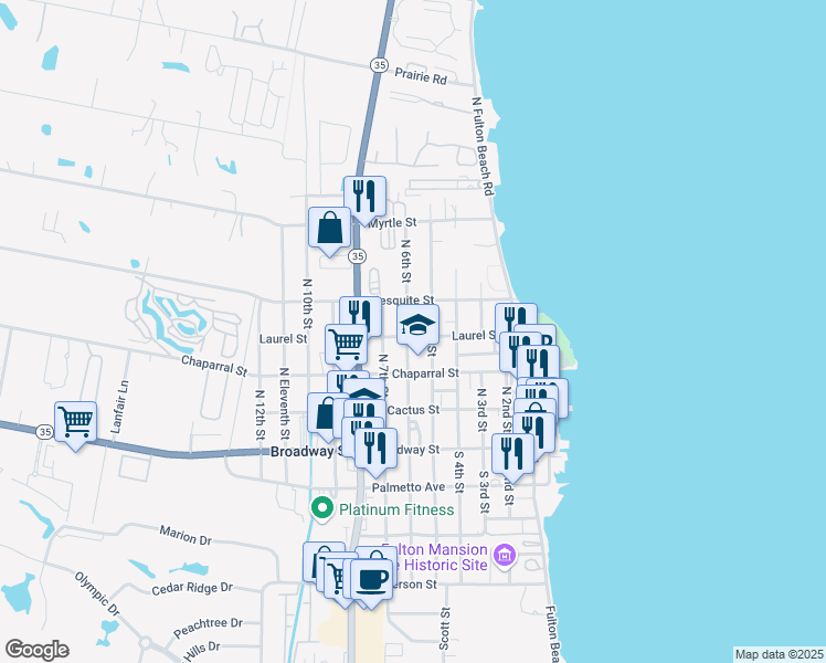 map of restaurants, bars, coffee shops, grocery stores, and more near 502 Mesquite Street in Refugio