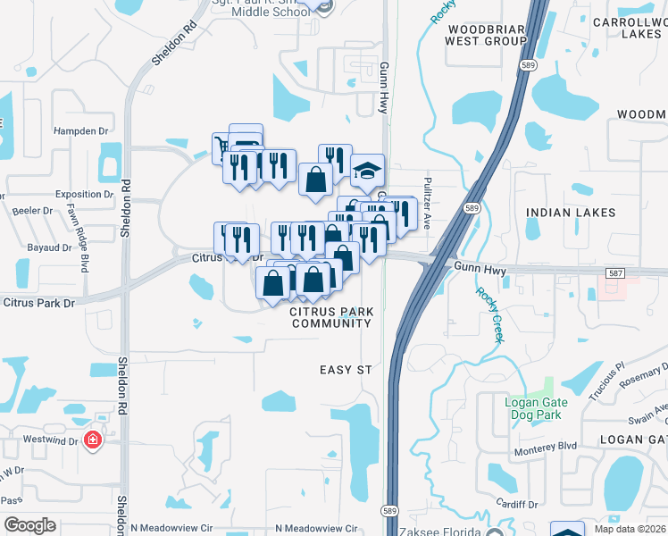 map of restaurants, bars, coffee shops, grocery stores, and more near 12897 Citrus Plaza Drive in Tampa