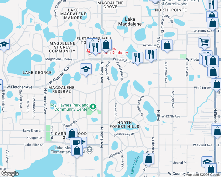 map of restaurants, bars, coffee shops, grocery stores, and more near 12943 North Oregon Avenue in Tampa