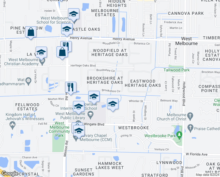 map of restaurants, bars, coffee shops, grocery stores, and more near 2081 Brookshire Circle in Melbourne