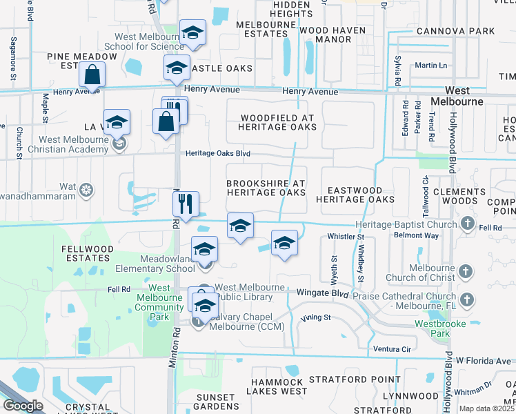 map of restaurants, bars, coffee shops, grocery stores, and more near 2011 Brookshire Circle in West Melbourne