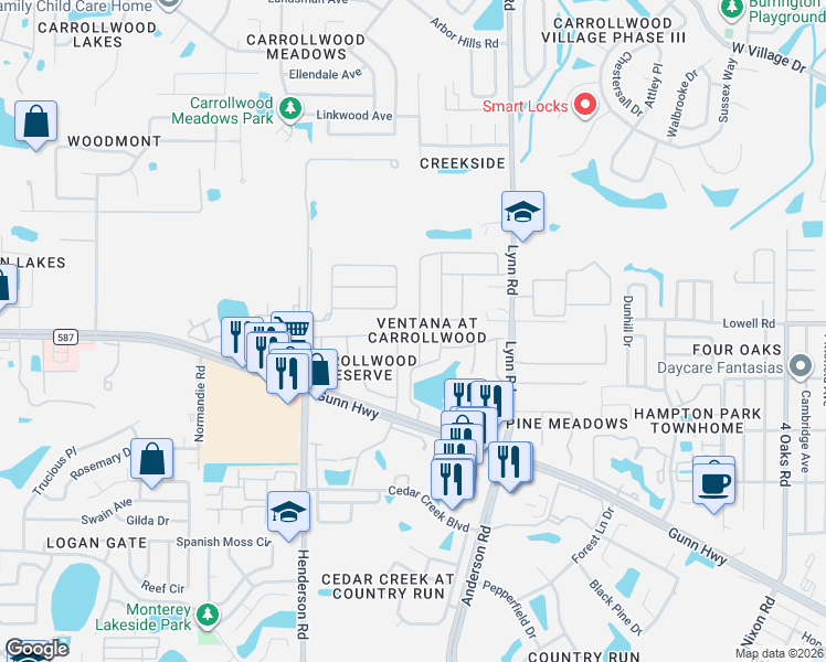 map of restaurants, bars, coffee shops, grocery stores, and more near 12805 Big Sur Drive in Tampa