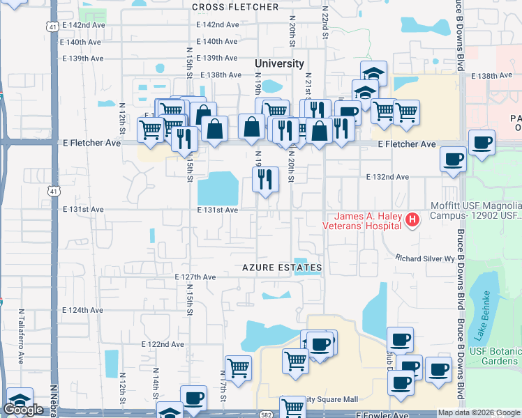 map of restaurants, bars, coffee shops, grocery stores, and more near 12743 North 19th Street in Tampa