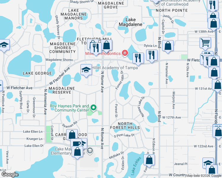 map of restaurants, bars, coffee shops, grocery stores, and more near 12935 North Oregon Avenue in Tampa