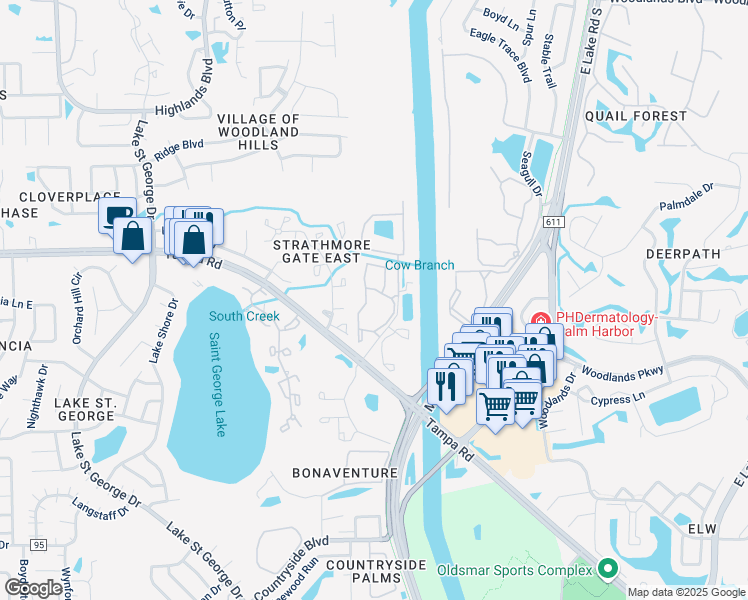 map of restaurants, bars, coffee shops, grocery stores, and more near 95 Lifestyle Boulevard in Palm Harbor