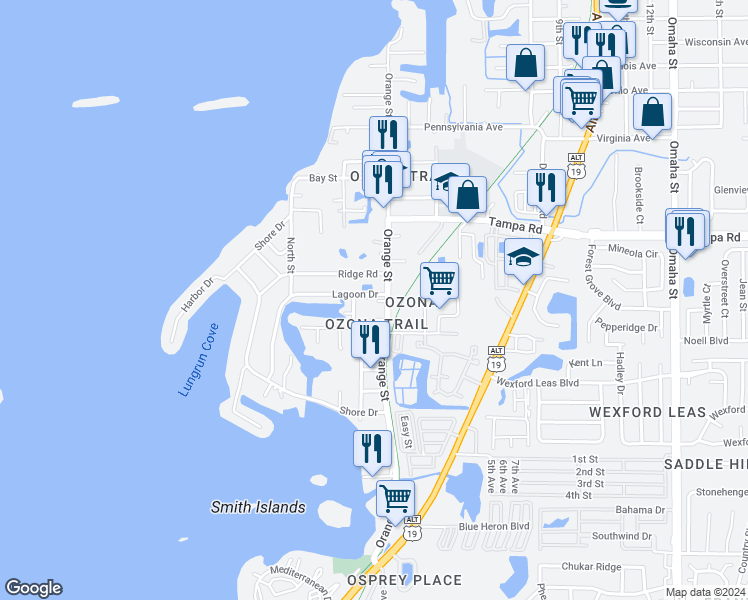 map of restaurants, bars, coffee shops, grocery stores, and more near 232 Pinecrest Drive in Palm Harbor