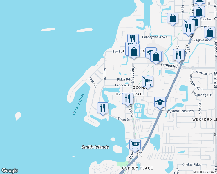 map of restaurants, bars, coffee shops, grocery stores, and more near 300 Hillpoint Drive in Palm Harbor
