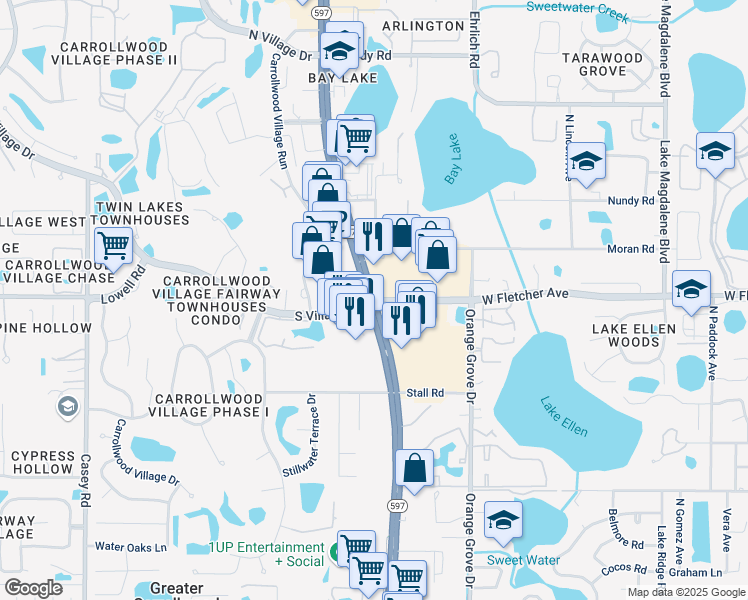 map of restaurants, bars, coffee shops, grocery stores, and more near N Dale Mabry Hwy & S Village Dr in Tampa