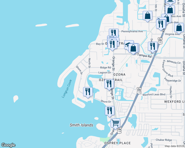 map of restaurants, bars, coffee shops, grocery stores, and more near 300 Hillpoint Drive in Palm Harbor