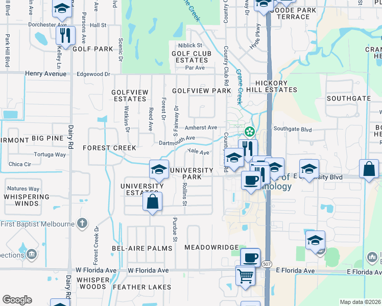 map of restaurants, bars, coffee shops, grocery stores, and more near 2902 Emory Street in Melbourne