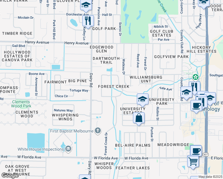map of restaurants, bars, coffee shops, grocery stores, and more near 911 Wood Creek Drive in Melbourne