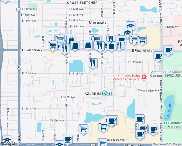 map of restaurants, bars, coffee shops, grocery stores, and more near 12743 North 19th Street in Tampa