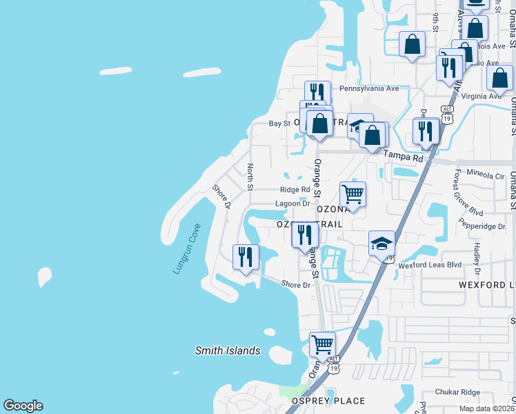 map of restaurants, bars, coffee shops, grocery stores, and more near 303 Lagoon Drive in Palm Harbor