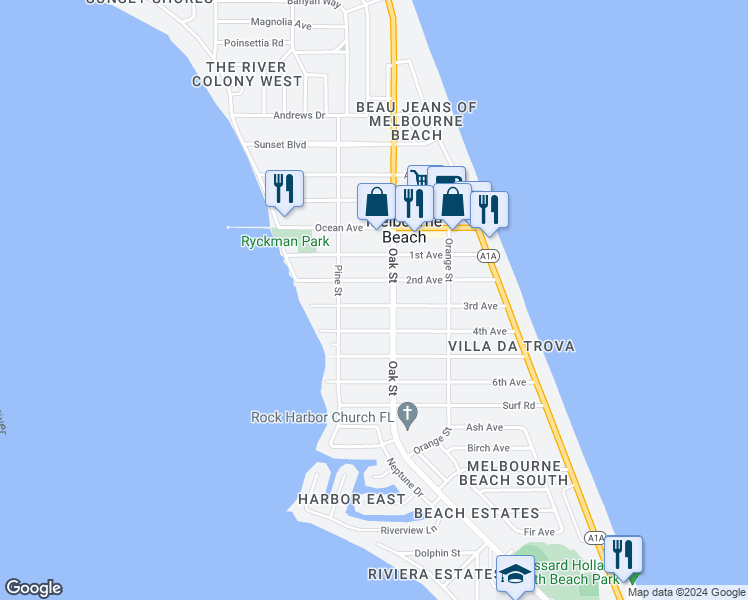 map of restaurants, bars, coffee shops, grocery stores, and more near 410 3rd Avenue in Melbourne Beach